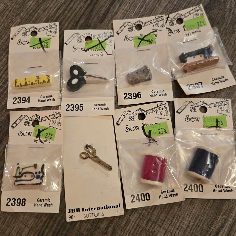 Vintage Sew Fancy Ceramic Buttons Lot & JHB Metal Scissors Made in USA